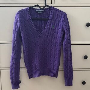 Purple Cable Knit V-Neck Sweater